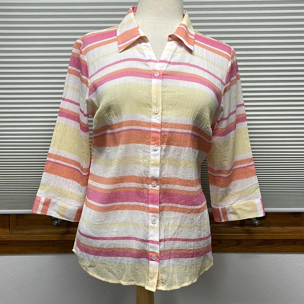 Christopher & Banks NWT Yellow Pink Orange Striped Button Down 3/4 Sleeve Top